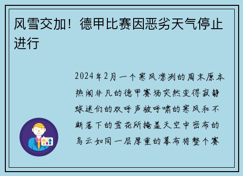 风雪交加！德甲比赛因恶劣天气停止进行