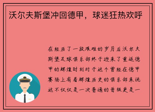 沃尔夫斯堡冲回德甲，球迷狂热欢呼