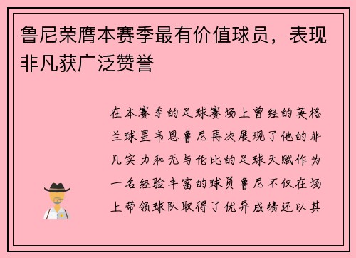 鲁尼荣膺本赛季最有价值球员，表现非凡获广泛赞誉
